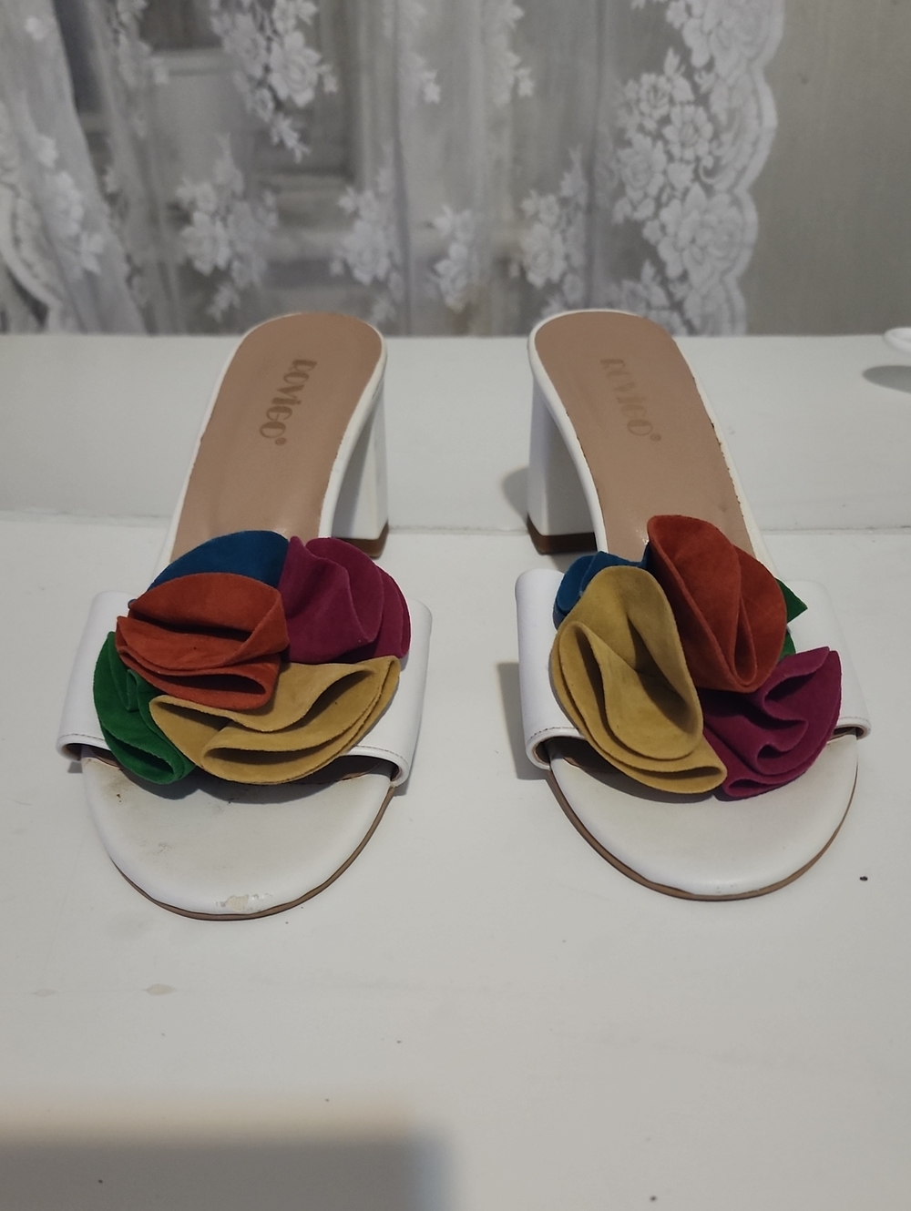 White Heeled Slide Sandals with Multicolor Floral Accent